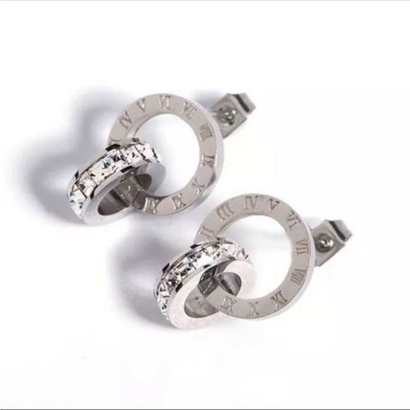 S Roman Numerals Zircon Earrings - Stainless Steel Fashion Never Fade Jewelry - Picture 1 of 7